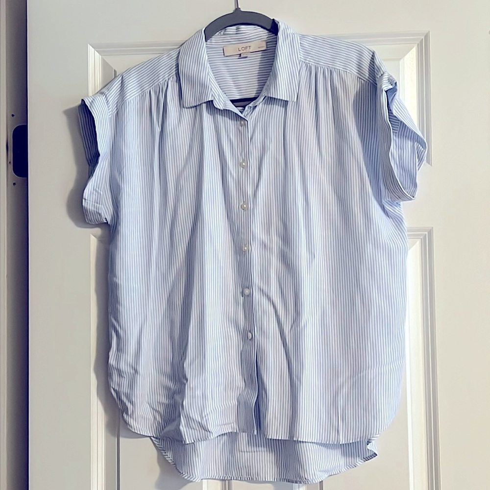 LOFT Light Blue and White Striped Short Sleeve Button-Up Blouse